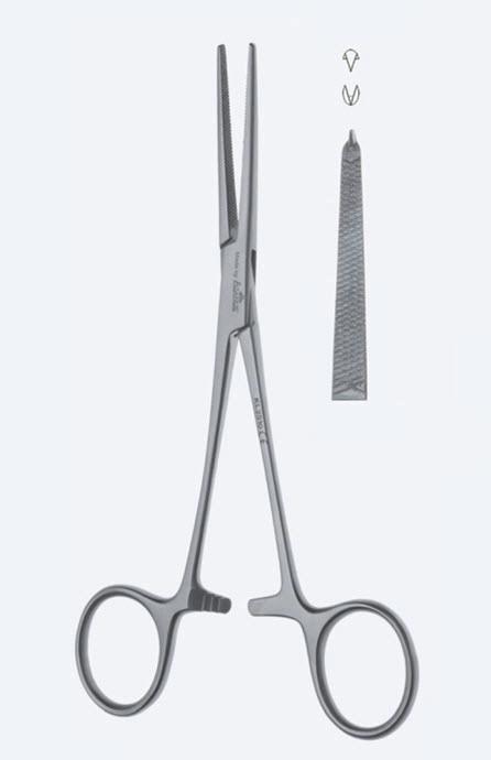 Зажими гемостатичні Lovelance, делікат, прямі, щелепи з хрестоп насічкою, зубці 2 х 1, з кремал, довжина 160 мм. Бренд - Asanus Medizintechnik Gmb, Німеччина